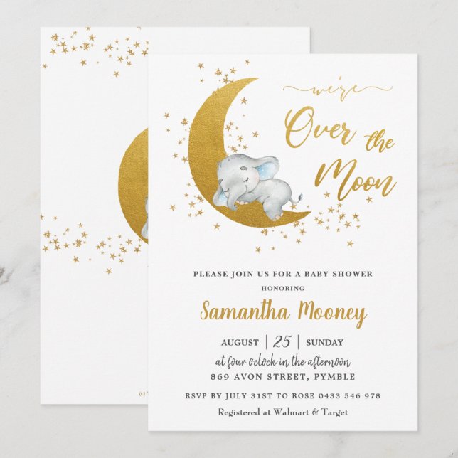 Invitación Cute Elefante estamos en el Baby Shower de Moon Bo (Anverso / Reverso)