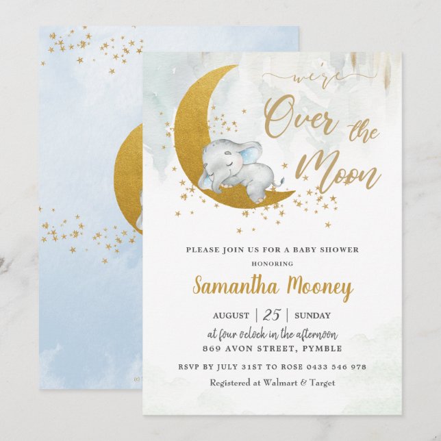 Invitación Cute Elefante estamos en el Baby Shower de Moon Bo (Anverso / Reverso)