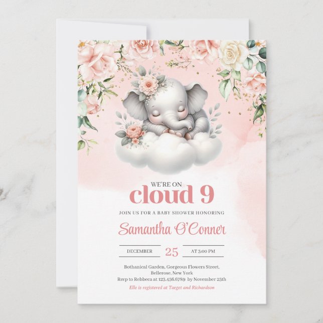 Invitación Cute elefante estamos en la nube nueve floral (Anverso)