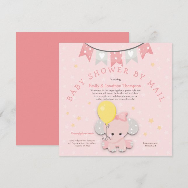 Invitación Cute Elefante Rosa Baby Shower Por Correo (Anverso / Reverso)