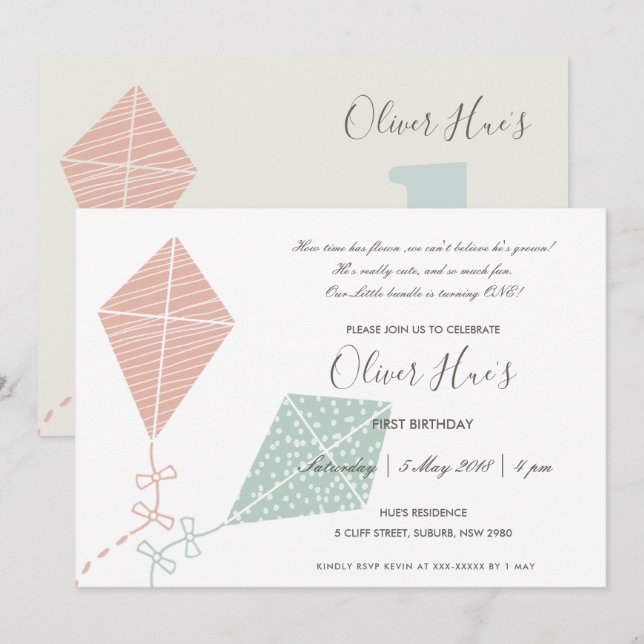INVITACIÓN CUTE ELEGANTE NIÑOS DE KITE AZUL ROJO HORARIO (Anverso / Reverso)