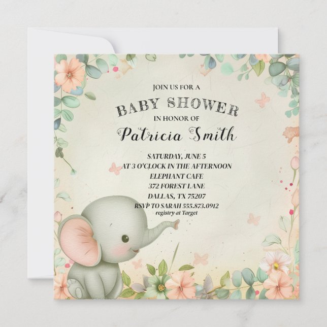 Invitación Cute Elephant Baby Shower (Anverso)