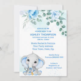 Invitación Cute Elephant Baby Shower Boy Blue Floral