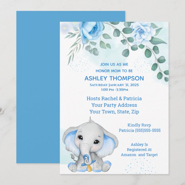 Invitación Cute Elephant Baby Shower Boy Blue Floral (Anverso / Reverso)