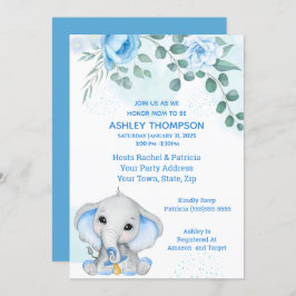 Invitación Cute Elephant Baby Shower Boy Blue Floral