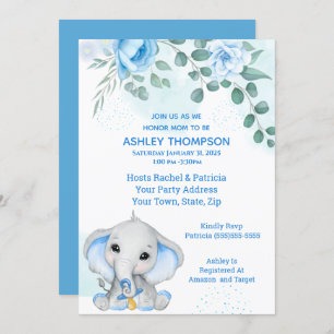 Invitación Cute Elephant Baby Shower Boy Blue Floral