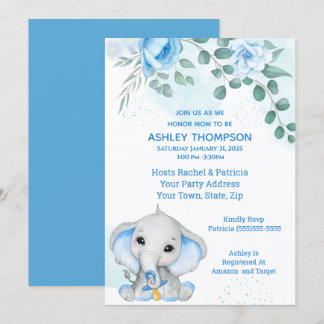 Invitación Cute Elephant Baby Shower Boy Blue Floral