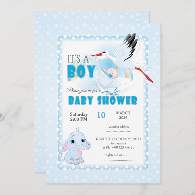 Invitación Cute Elephant Baby Shower Invitation. It is a boy (Anverso / Reverso)