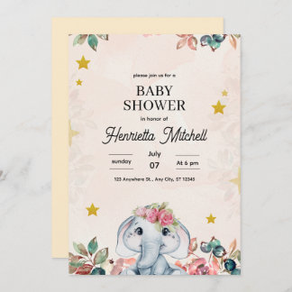Invitación Cute Elephant Baby Shower Invite, Girl Baby Shower