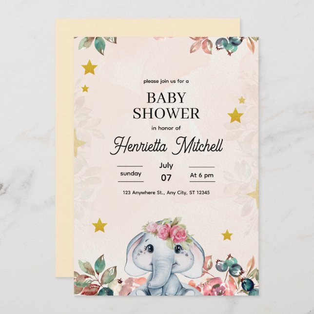 Invitación Cute Elephant Baby Shower Invite, Girl Baby Shower (Anverso / Reverso)