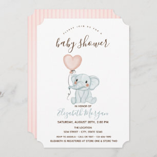 Invitación Cute Elephant Balloons Bandas Rosadas Baby Shower