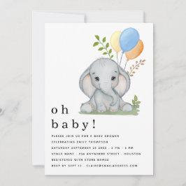 Invitación Cute Elephant Balloons Blue Boy Baby Shower