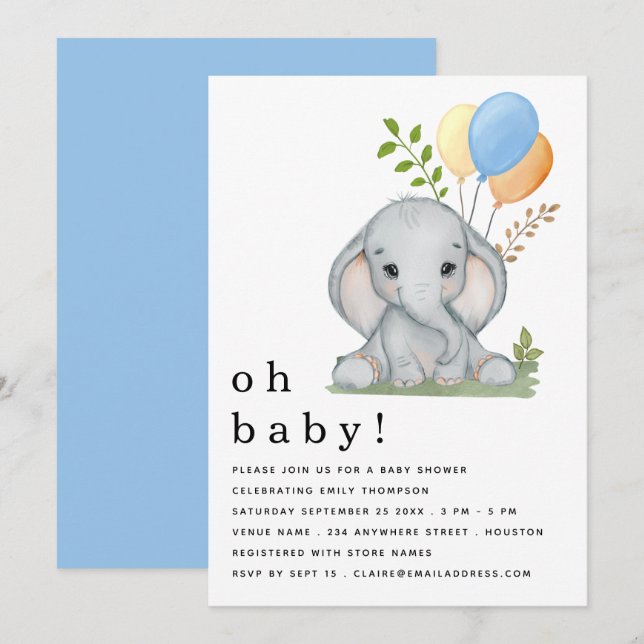 Invitación Cute Elephant Balloons Blue Boy Baby Shower (Anverso / Reverso)