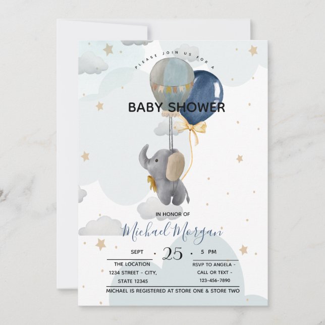 Invitación Cute Elephant Balloons Nubes Baby Shower (Anverso)