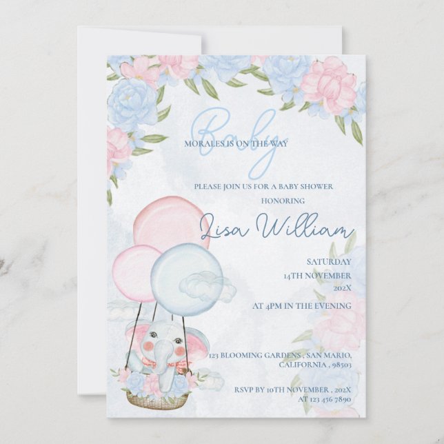 Invitación Cute Elephant Balloons Pink Floral Baby Shower (Anverso)