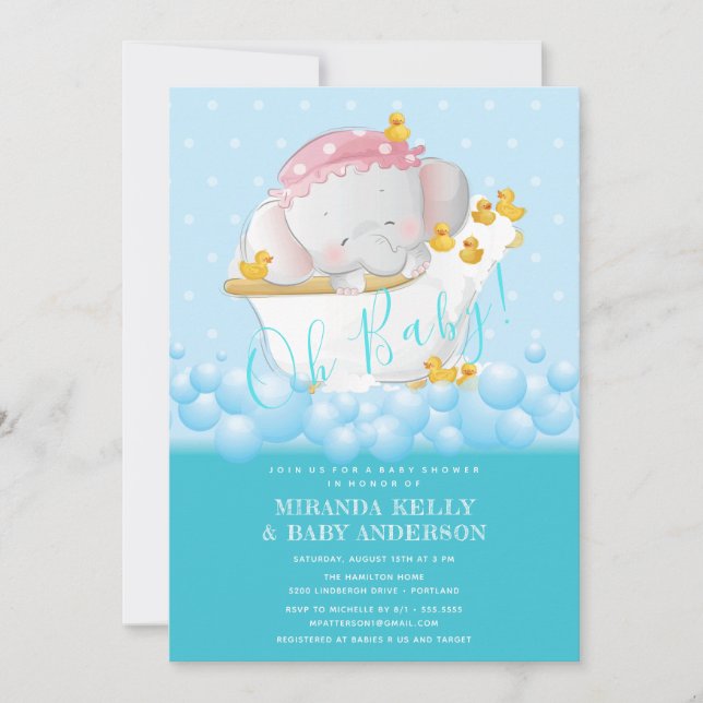 Invitación Cute Elephant Bath Baby Shower (Anverso)