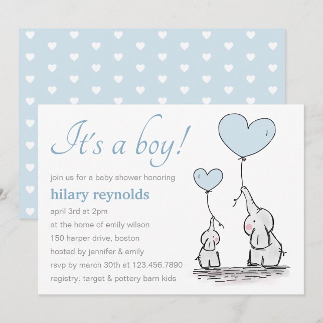 Invitación Cute Elephant Blue Heart Balloons Boy Baby Shower (Anverso / Reverso)