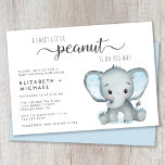 Invitación Cute Elephant Boy Parejas Baby Shower<br><div class="desc">Una tipografía gris suave,  un guión elegante de swash y una acuarela azul pastel de un niño elefante. Añada los nombres de la madre y del padre y detalles de la ducha en una simple tipografía gris moderna.</div>