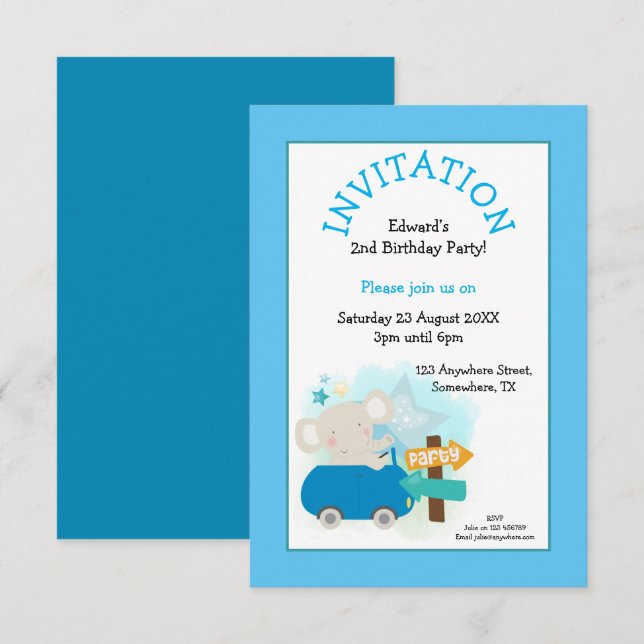 Invitación Cute Elephant Car Boy fiesta de cumpleaños Azul (Anverso / Reverso)