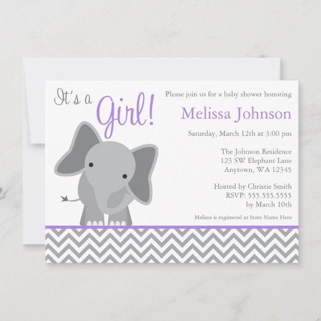 Invitación Cute Elephant Chevron Purple Baby Shower (Anverso)