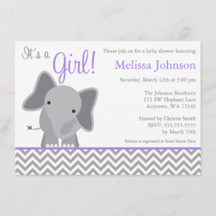 Invitación Cute Elephant Chevron Purple Baby Shower