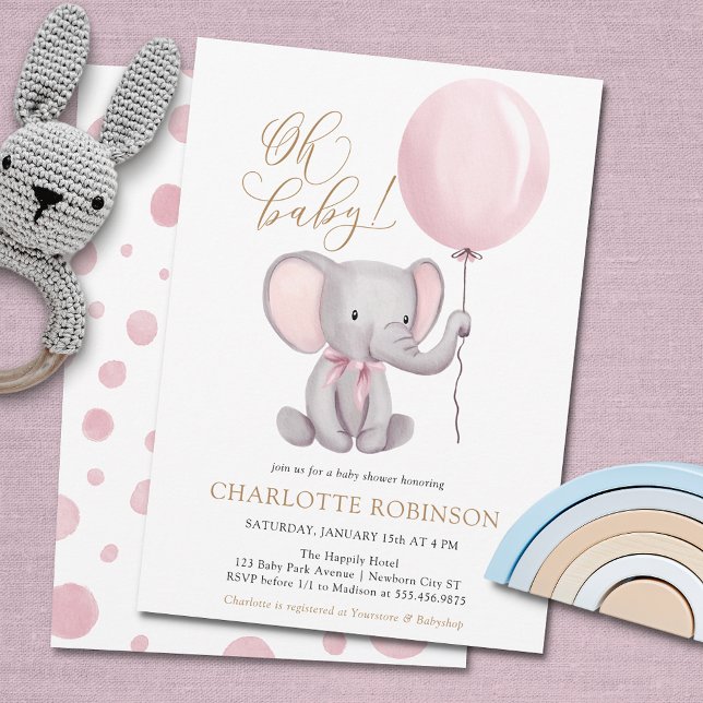 Invitación Cute Elephant Chica Balloon Baby Shower (Subido por el creador)
