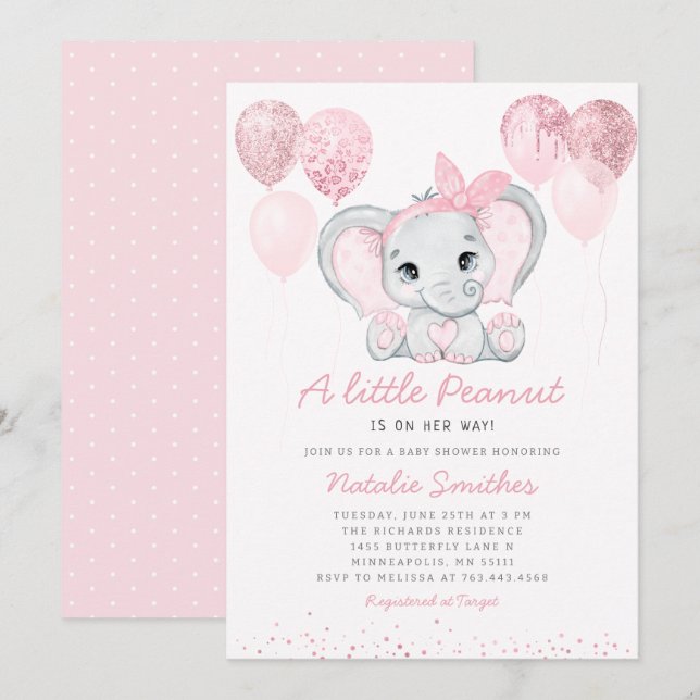 Invitación Cute Elephant Chica Balloons Baby Shower (Anverso / Reverso)