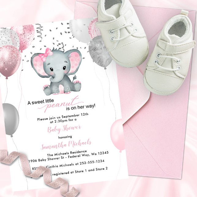 Invitación Cute Elephant Chica Balloons Baby Shower (Cute Elephant Girl Balloons Baby Shower Invitation)