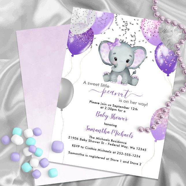 Invitación Cute Elephant Chica Balloons Baby Shower (Cute Elephant Girl Balloons Baby Shower Invitation)