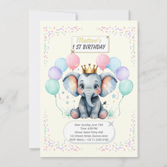 Invitación "Cute Elephant First Birthday pastel designs" (Anverso)