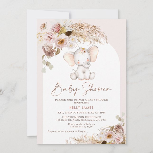Invitación Cute Elephant Floral Pampas Boho Arch Baby Shower (Anverso)