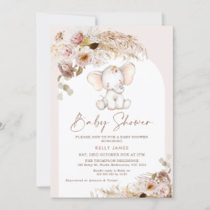 Invitación Cute Elephant Floral Pampas Boho Arch Baby Shower