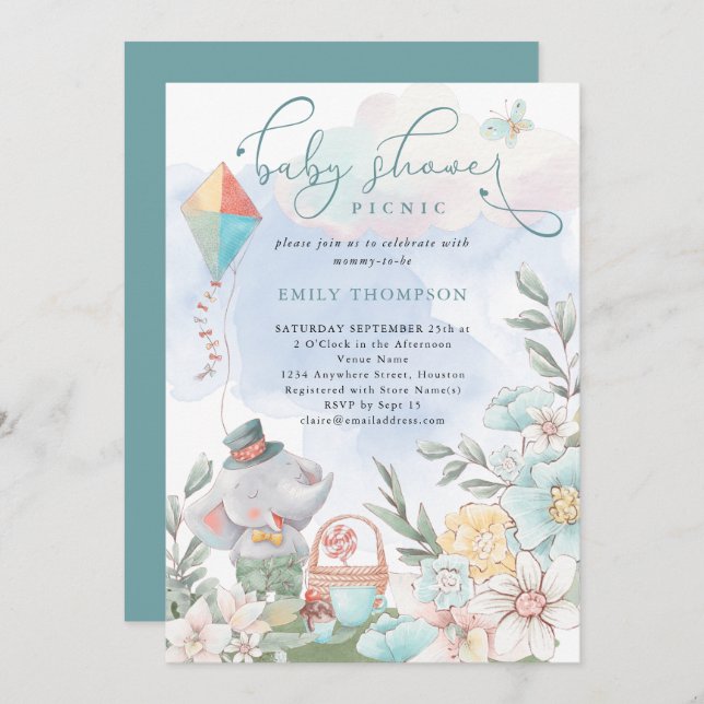 Invitación Cute Elephant Florals Baby Shower Picnic Boy (Anverso / Reverso)