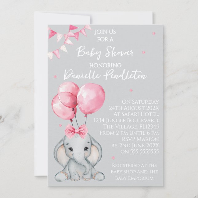 Invitación Cute Elephant, Girl Baby Shower Invitation (Anverso)