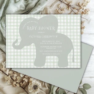 Invitación Cute Elephant Green Gingham Baby Shower