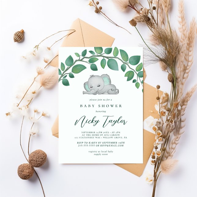 Invitación Cute Elephant Greenery Watercolor Baby Shower (Subido por el creador)