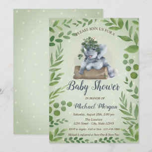 Invitación Cute Elephant Leaves, Dots Baby Shower