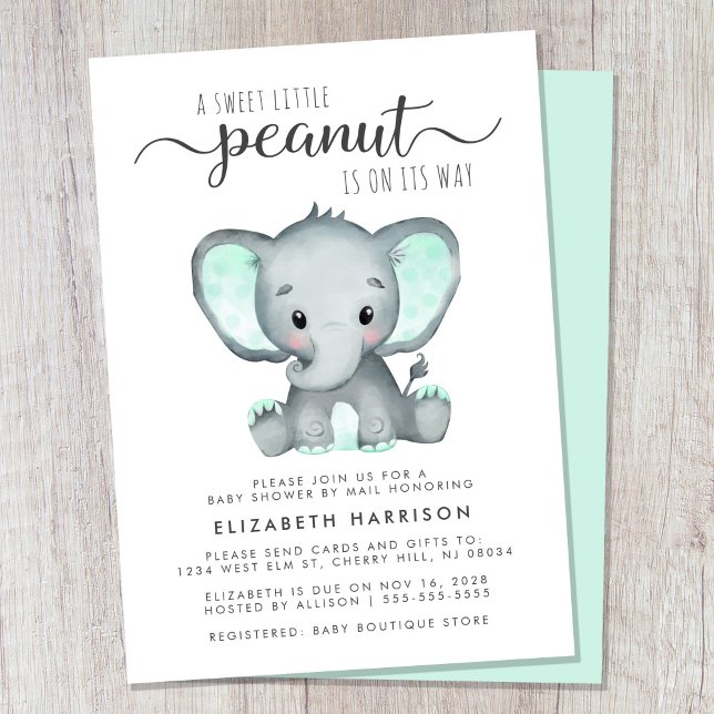 Invitación Cute Elephant Mint Baby Shower Por Correo (Cute gender-neutral baby shower by mail invitation)