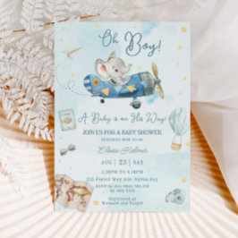 Invitación Cute Elephant Plane Adventure Oh Boy Baby Shower