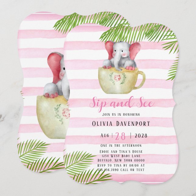 Invitación Cute Elephant Sip y mira Chica Baby Shower (Anverso / Reverso)