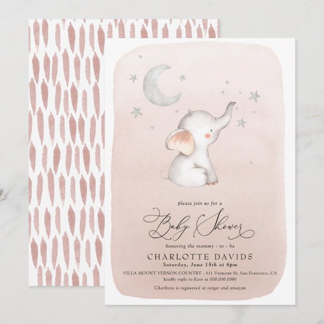 Invitación Cute Elephant Stars Moon Rubor Chica Baby Shower (Anverso / Reverso)