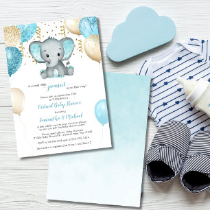 Invitación Cute Elephant Turquiose Gold Balloons Baby Shower