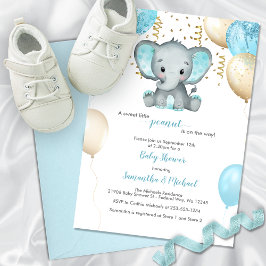 Invitación Cute Elephant Turquiose Gold Balloons Baby Shower