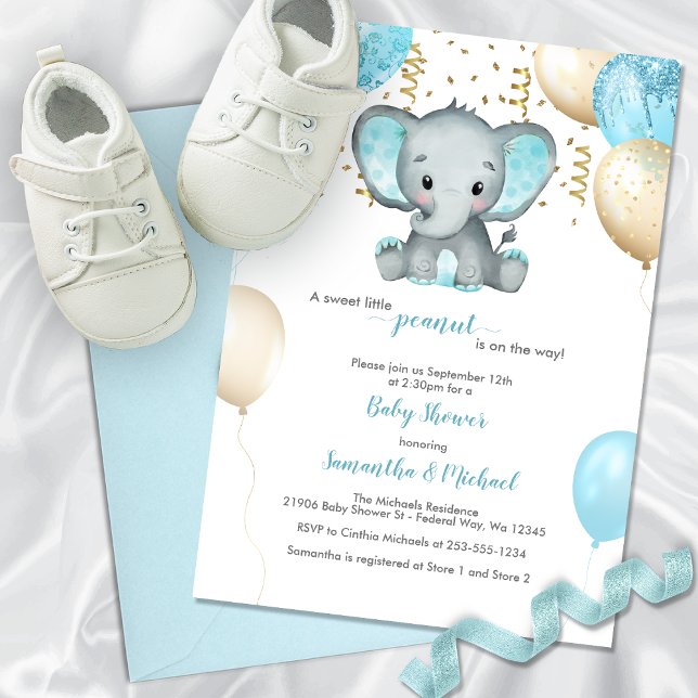 Invitación Cute Elephant Turquiose Gold Balloons Baby Shower (Cute Elephant Turquiose Gold Balloons Baby Shower Invitation)
