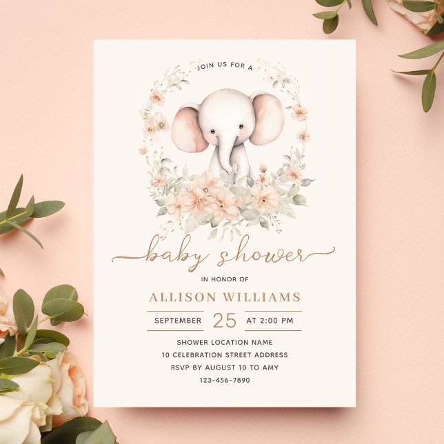 Invitación Cute Elephant Watercolor Floral Bebé Ducha (Subido por el creador)
