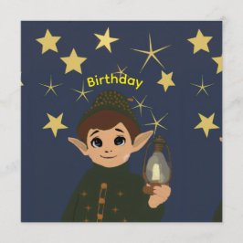 Invitación Cute Elf Watcher Starry Night Kids Birthday Party