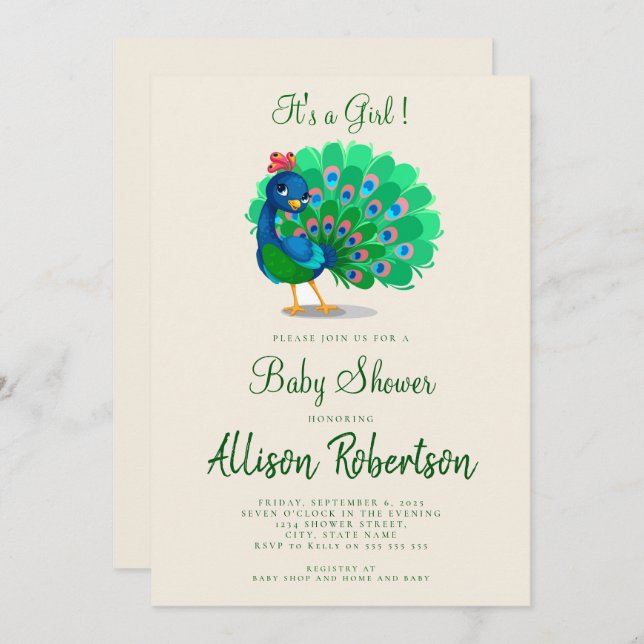 Invitación Cute, es un Baby Shower acuarela Chica (Anverso / Reverso)