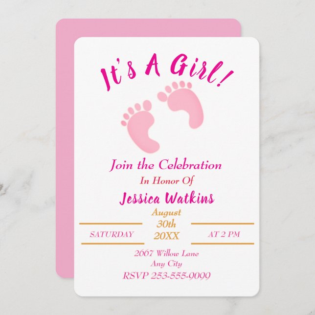 Invitación Cute, es un Chica Baby Shower de pequeños pies ros (Anverso / Reverso)