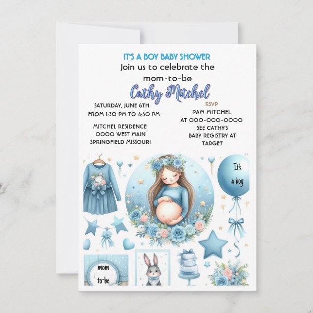 Invitación Cute es un chico Fiesta azul Baby Shower (Anverso)
