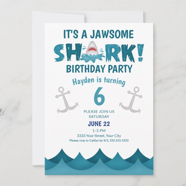 Invitación Cute, es una fiesta de cumpleaños de tiburones del (Anverso)